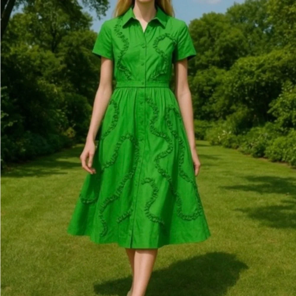 kate spade Green Short-Sleeve Ruffle Midi Dress - Picture 1 of 6